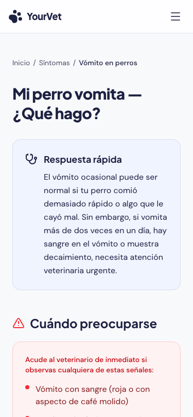 Resultado de evaluación rápida con nivel de urgencia en YourVet